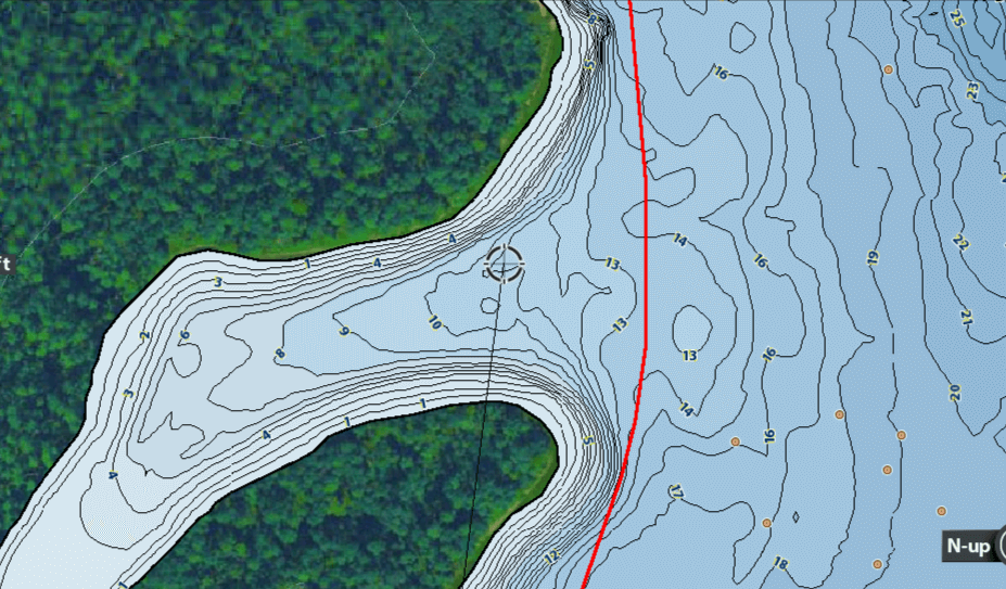 Detailed topographic map showing water depth contours in a forested area with elevations marked.