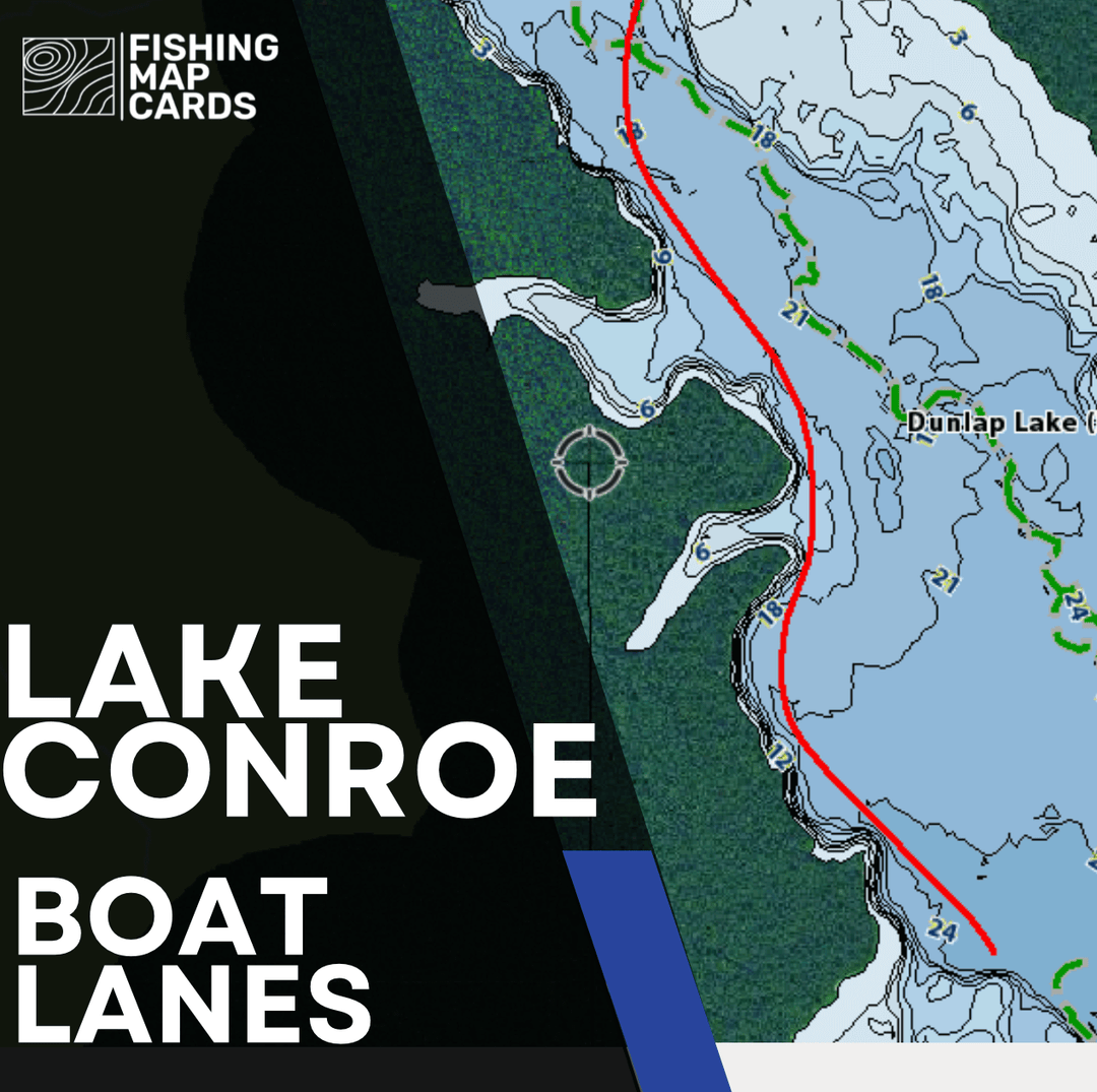 Product image for Fishing Map Cards' Lake Conroe Boat Lanes, overlaid with a fishfinder screenshot of Lake conroe.