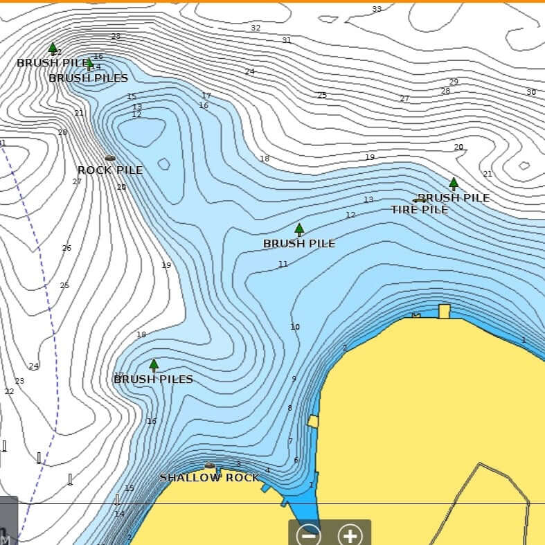 A screenshot of a lowrance fishfinder of Lake conroe with waypoints like: brush piles, shallow rock, rock piles, and tire piles.