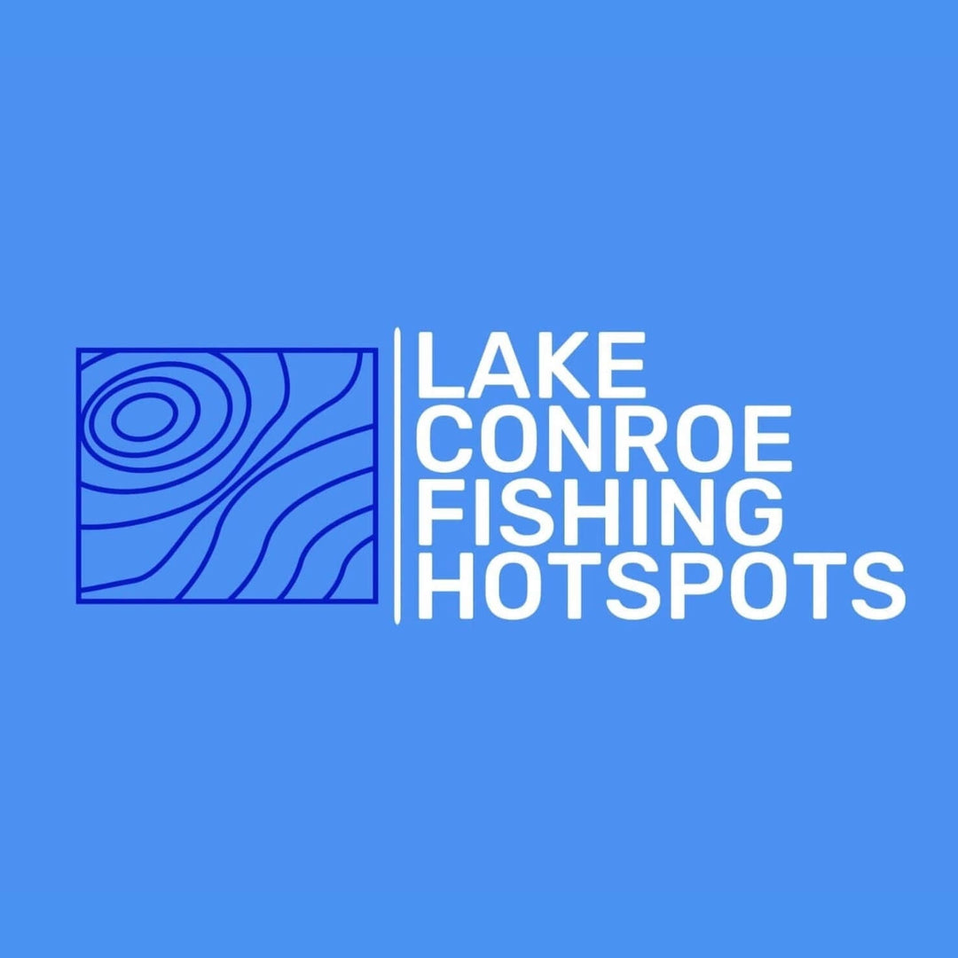 Fishing Map cards icon next to white text containing Lake Conroe fishing hotspots.