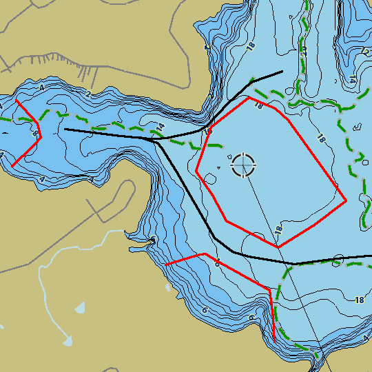 Topographic map showing water contour lines and surrounding land features, ideal for navigation and fishing.