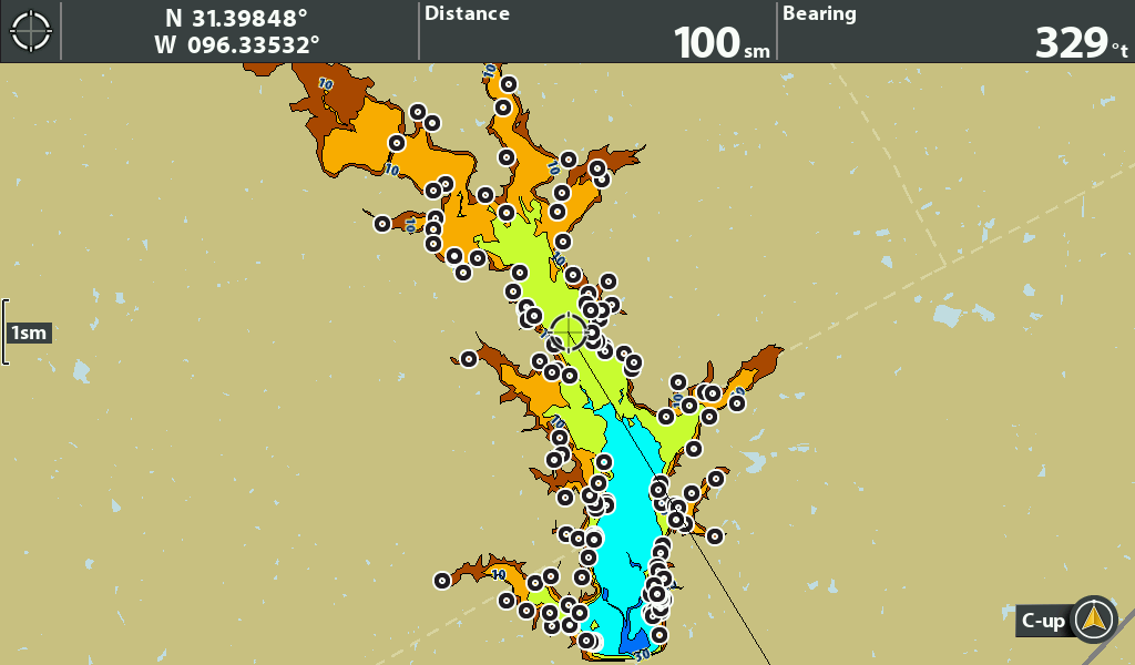 Navigation map displaying detailed contours and depth markers for a water body, with coordinates and distance indicators.