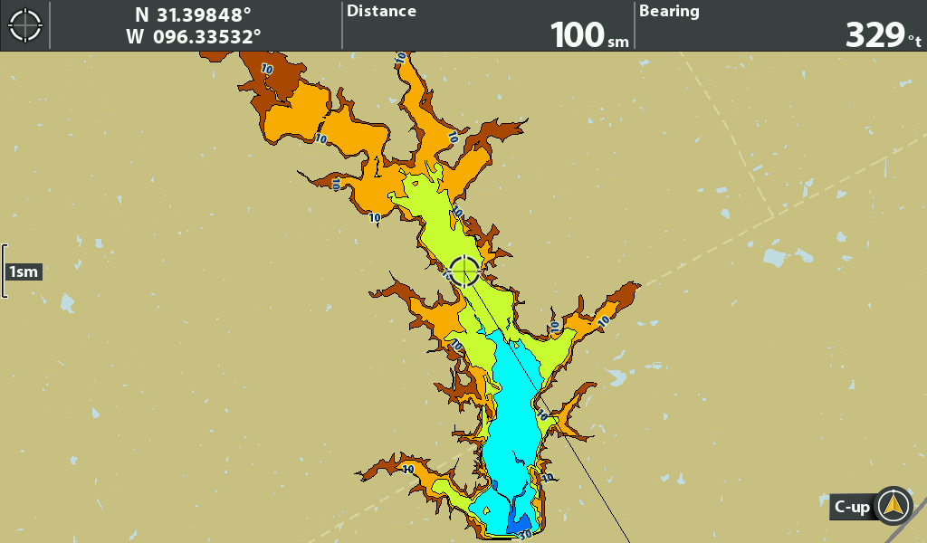 Navigation chart displaying depth contours and terrain features of a water body with coordinates and distance indicators.