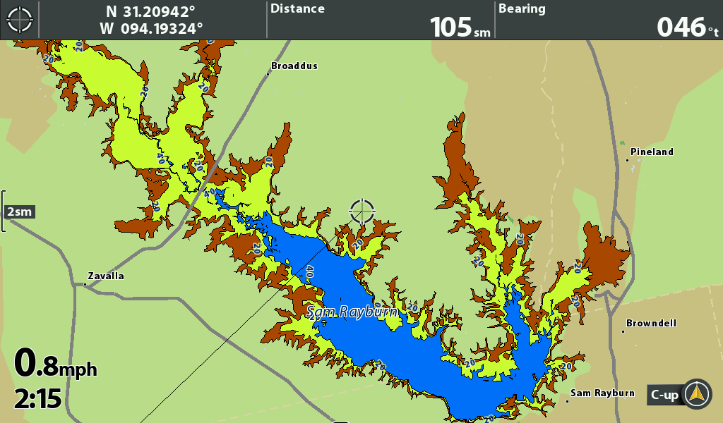 Map of Sam Rayburn Reservoir showing distance, bearing, and surrounding locations for navigation and outdoor activities.