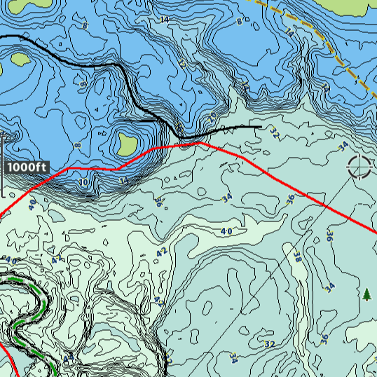 Topographic map highlighting elevation contours and water features, with specific markings for 1000ft and other contour lines.