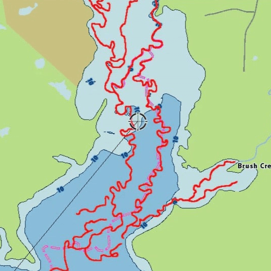Detailed map of a lake showing water depth contours and features, ideal for navigation and fishing guidance.