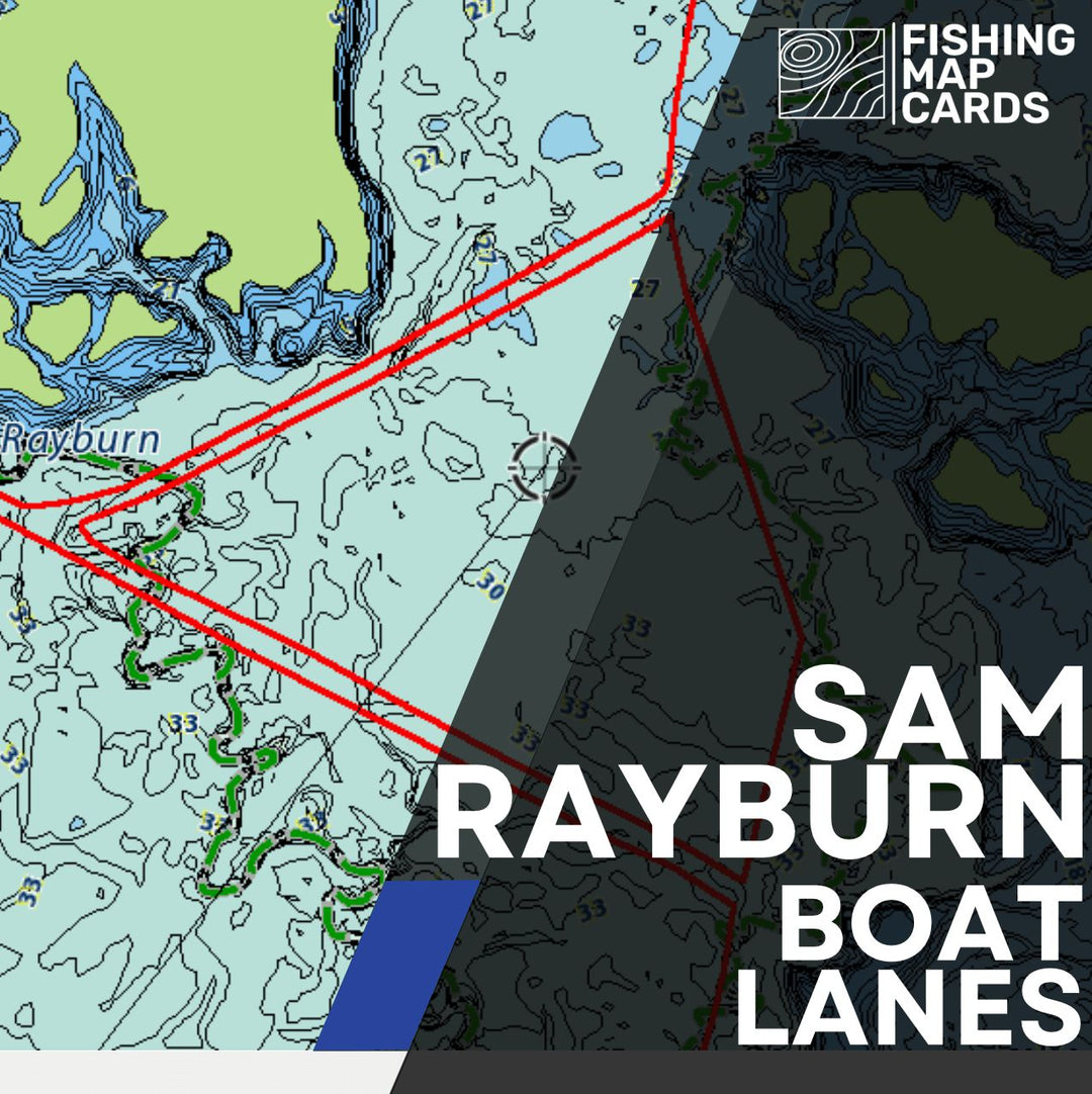 Product image of Fishing Map Card's Boat Lanes of a screenshot of a Humminbird fishfinder with red trails marking safe passage.