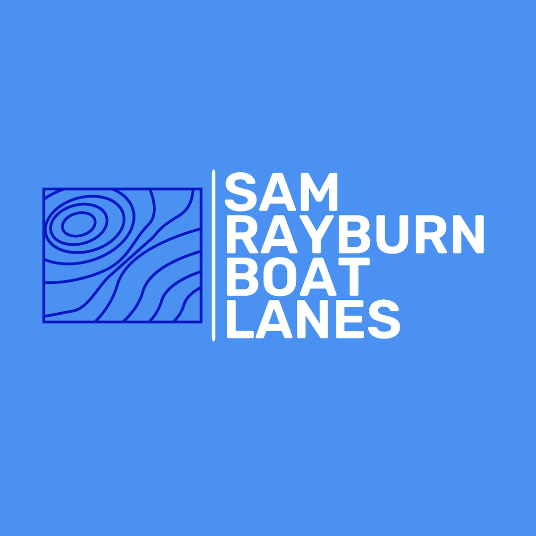 Light blue background with darker blue Fishing Map Cards icon with white text saying "Sam Rayburn Boat Lanes".