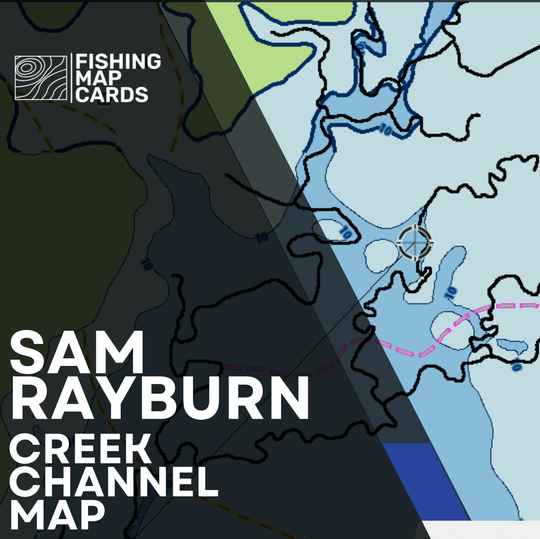 A Humminbird screenshot of Sam Rayburn with Fishing Map Card Creek Channels with overlay of white text saying Sam Rayburn Creek Channel Map.