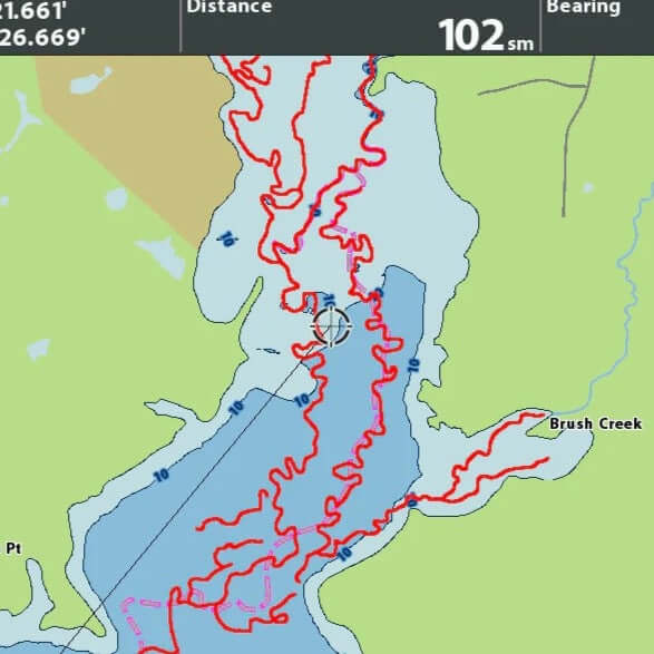Screenshot of a humminbird fishfinder of Sam Rayburn with Fishing map card's creek channels in red.
