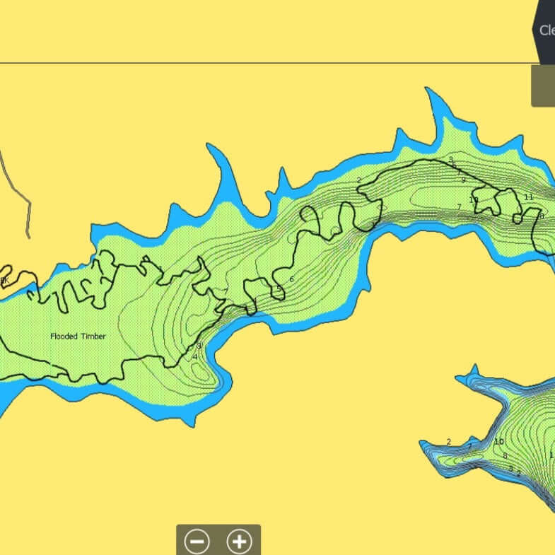 Screenshot of a lowrance fishfinder of Sam Rayburn with Fishing map card's creek channels in black.