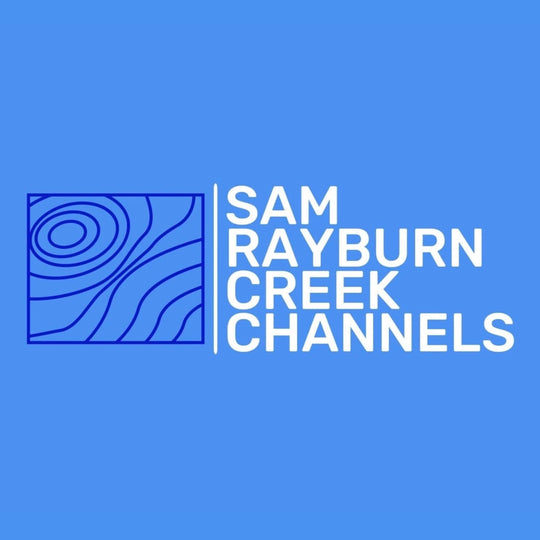 Fishing Map cards icon next to white text containing Sam Rayburn creek channels.