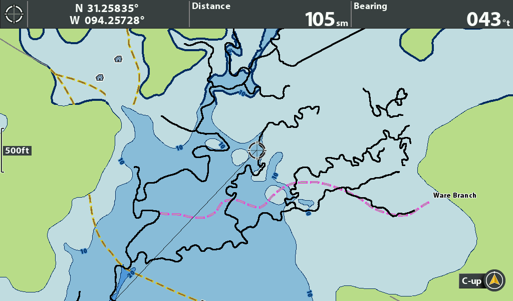 Navigational map displaying water routes and topographical features near Ware Branch, including coordinates and distance details.