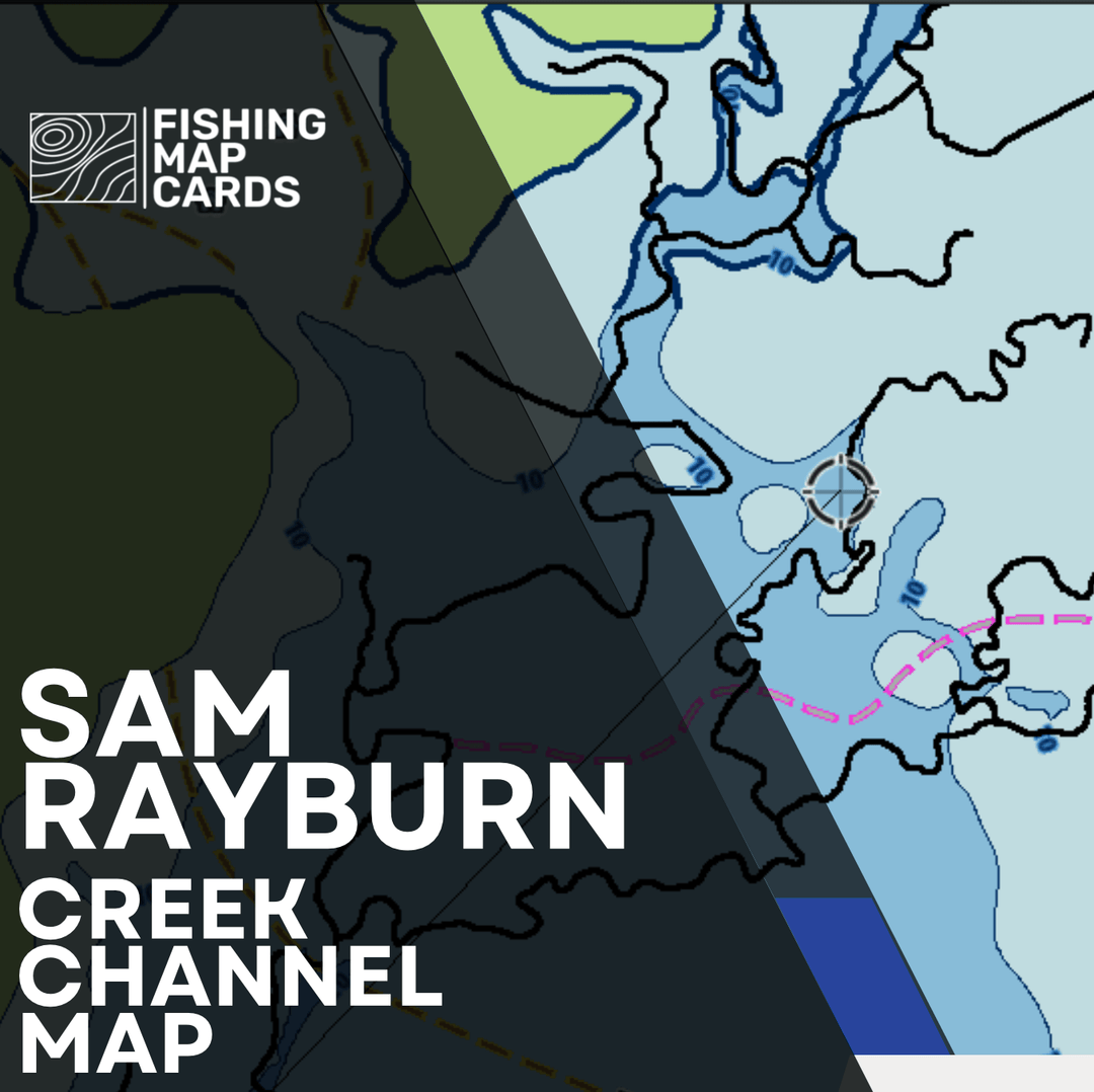 A Humminbird screenshot of Sam Rayburn with Fishing Map Card Creek Channels with overlay of white text saying Sam Rayburn Creek Channel Map.