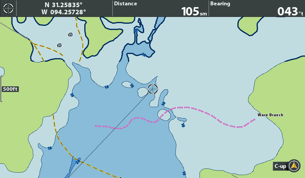 GPS navigation map displaying waterways and landmarks with distance and bearing information.