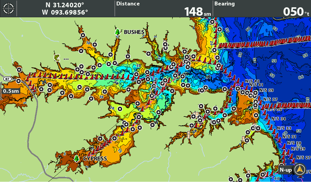 Detailed topographic map showing navigation routes, landmarks, and water features with coordinates and distance indicators.