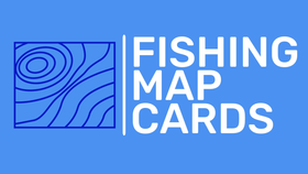 Fishing map cards logo design with abstract blue lines and text on a light blue background.
