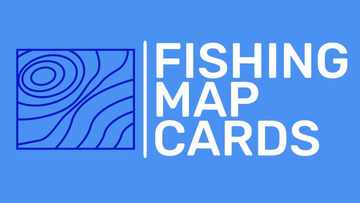 Fishing map cards logo design with abstract blue lines and text on a light blue background.