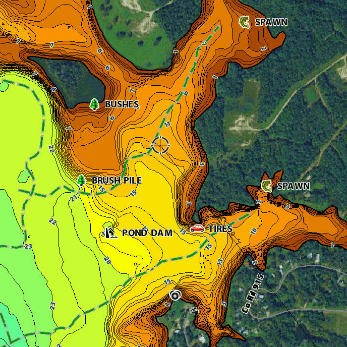 Topographical map showing outlines of pond dam, brush pile, and spawning areas near a water body.