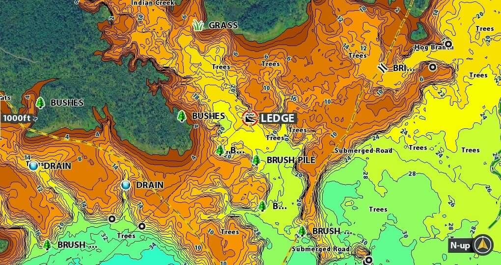 Topographic map showing terrain features like ledges, drainage, and vegetation areas in vibrant colors.