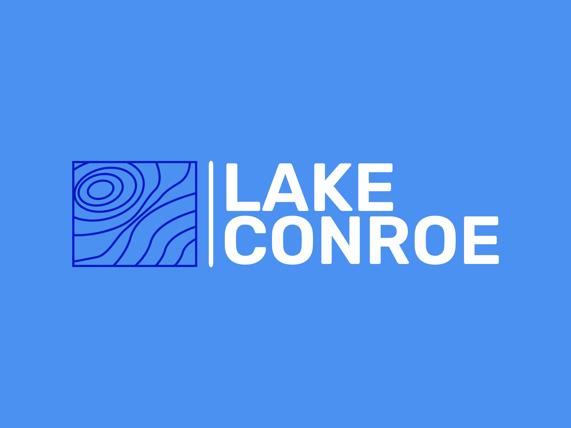 Light blue backgroud with darker blue fishing map cards logo with white text saying "Lake Conroe",