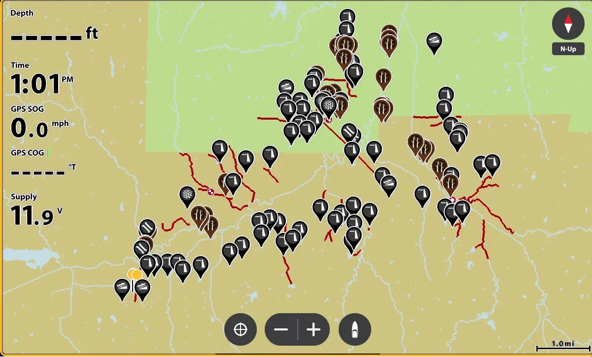 Map with various markers and data on a screen interface
