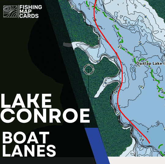 Product image for Fishing Map Cards' Lake Conroe Boat Lanes, overlaid with a fishfinder screenshot of Lake conroe. 