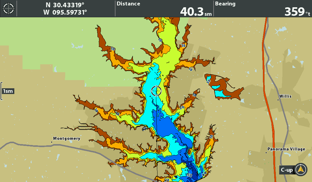 Detailed map of a lake area with elevation and features, displaying distance and bearing information.