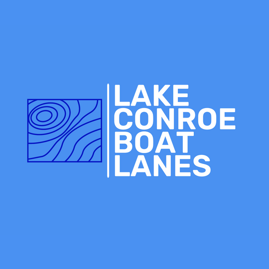 Light blue background with darker blue fishing map cards logo with whit text saying Lake Conroe Boat Lanes. 