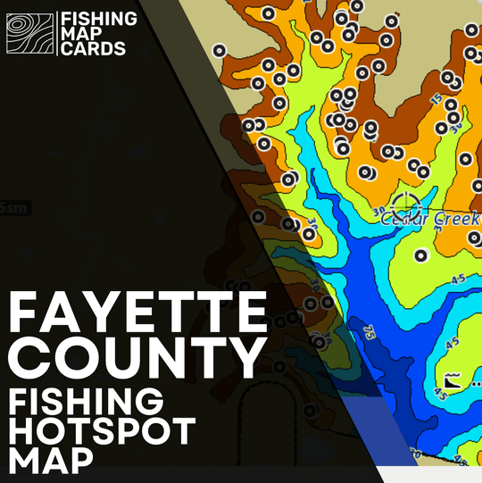 Fayette County fishing hotspot map showcasing GPS locations of key fishing areas and structures in the lake.