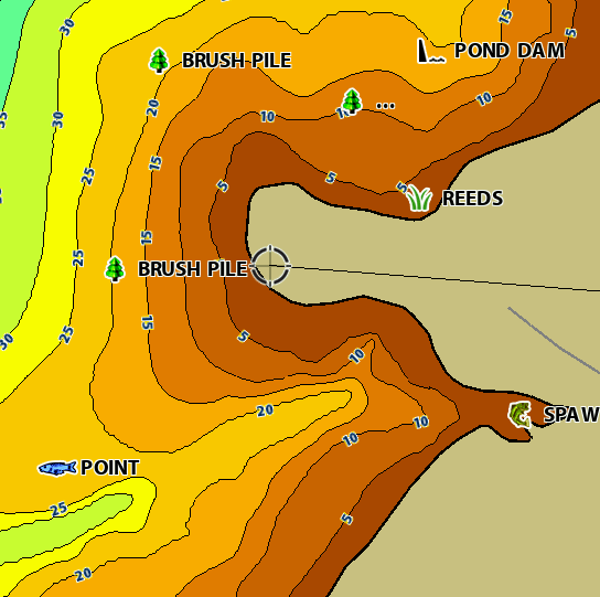 Detailed topographic map showing pond features like brush piles, reeds, and spawing areas for fishing enthusiasts.