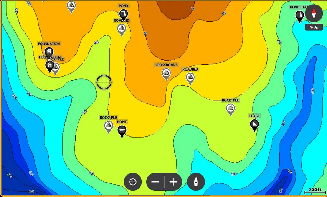 Colorful topographic map with various markers on a screen interface
