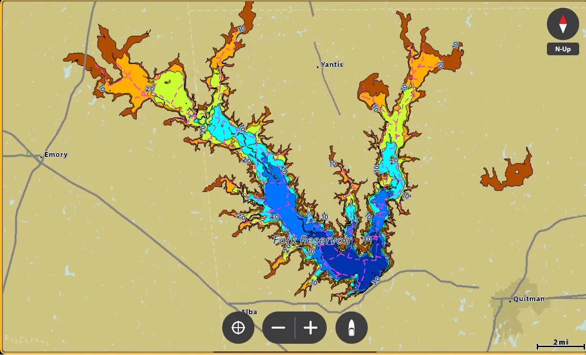Map with color-coded water body and geographical features on a screen interface.