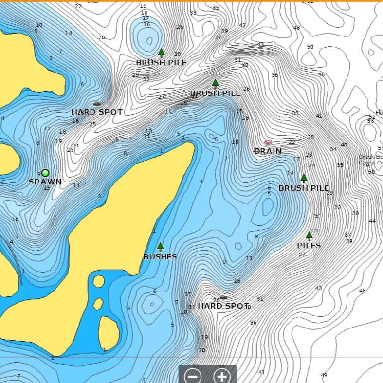 Image of a Lowrance screenshot of Lake Fork with multiple waypoints shown like: brush piles, bushes, hard spots, spawning areas, and drains.