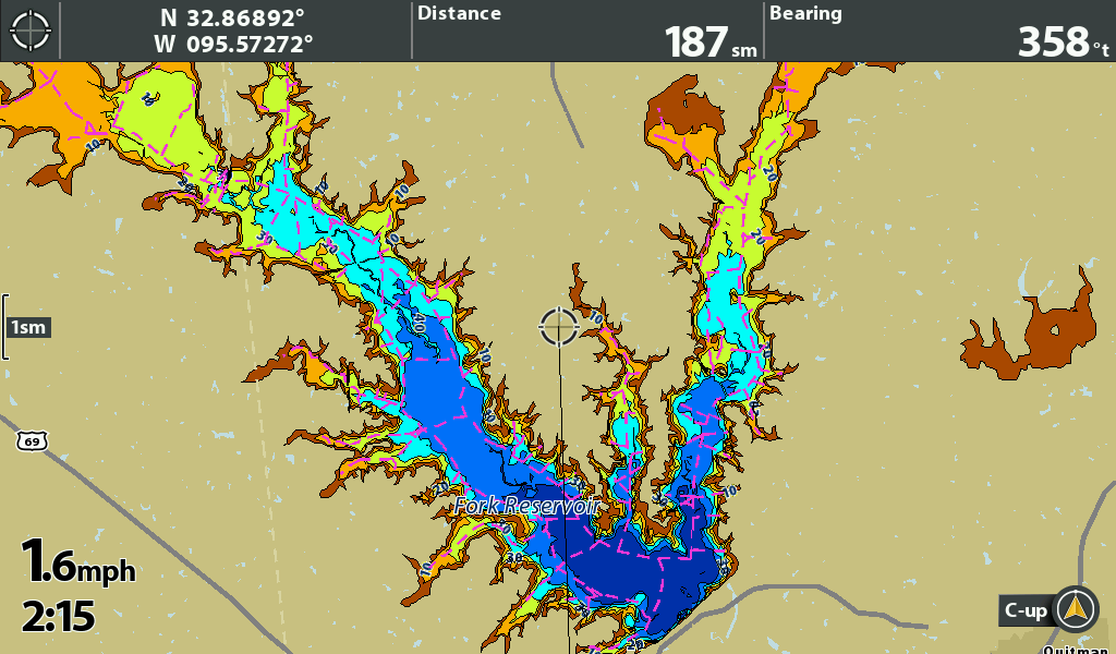 Screenshot of a humminbird fishfinder's chart without waypoints on Lake Fork.