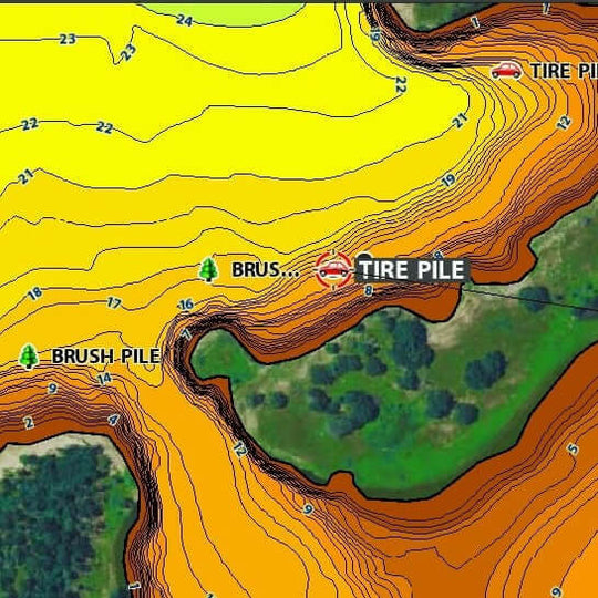 Contour map showing terrain with labeled brush and tire piles, highlighting elevation and land features.