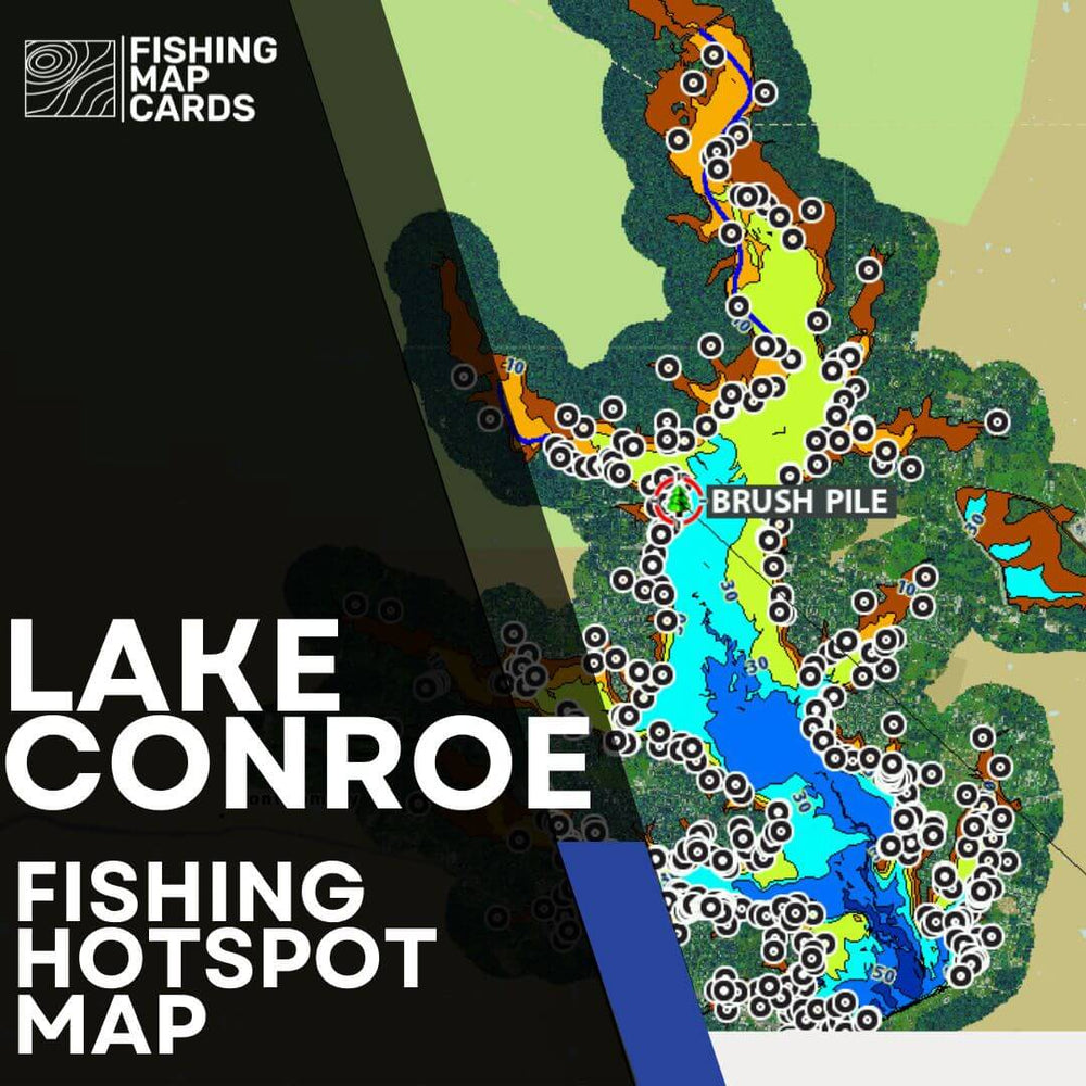 An overlay of Lake Conroe Fishing Hotspot text on top of the map of Lake Conroe. 