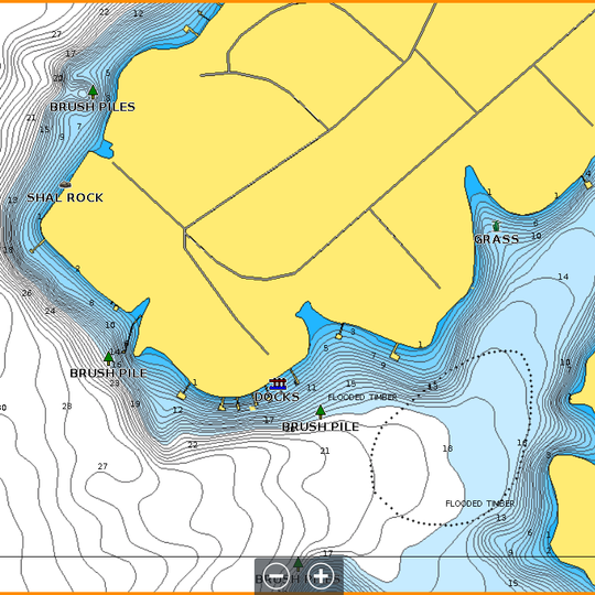 A screenshot of a lowrance fish finder's chart view showing multiple waypoints like: brush piles, shallow rock, docks, and grass. 