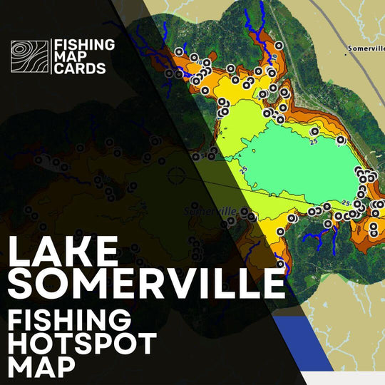 An overlay of Lake Somerville Fishing Hotspot text on top of the map of Lake Somerville. 