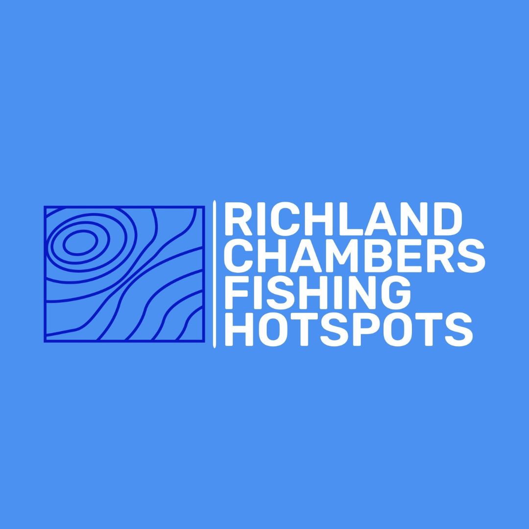 Richland Chambers Fishing Hotspots logo on a blue background, showcasing fishing expertise and local hotspots.