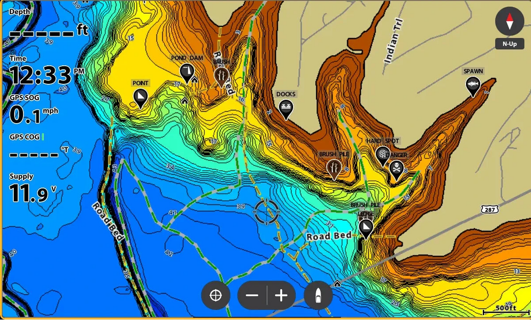 Map application displaying topographic and bathymetric data with interface elements.