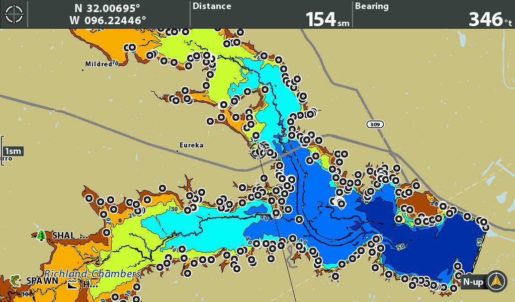 Detailed map showing topographic features, water depth, and coordinates for navigation near Eureka.