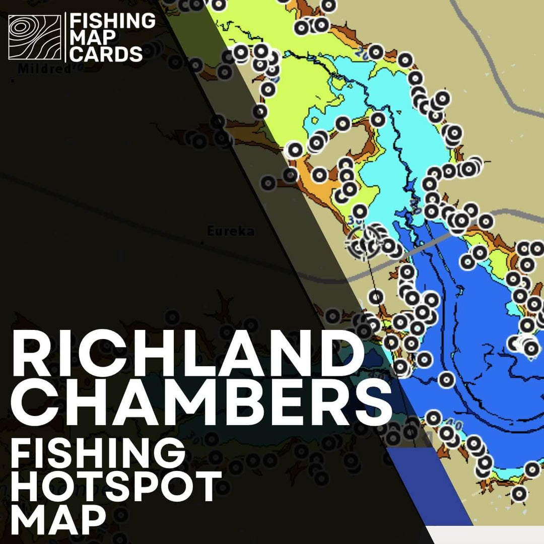 Richland Chambers fishing hotspot map showing GPS waypoints for prime fishing locations on the lake.