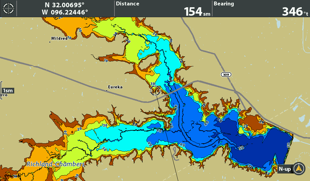 Colorful topographic map of Eureka Lake, showing depths and distances for navigation.