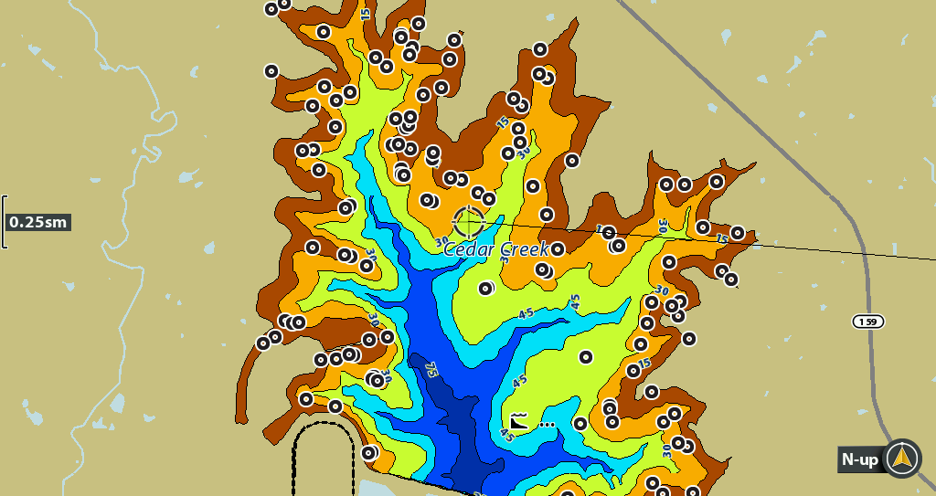 Topographic map of Cedar Creek with elevation contours and depth indicators, showcasing lake features and surrounding land.