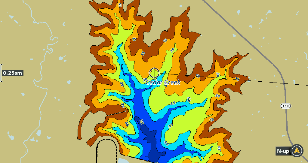 Colorful topographic map of Cedar Creek, highlighting depth contours and surrounding terrain features.