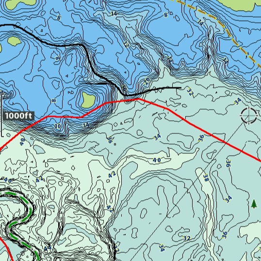 Closeup screenshot of a Humminbird fishfinder showing two Fishing Map Cards Sam Rayburn Boat Lanes trails on a map of Sam Rayburn. 