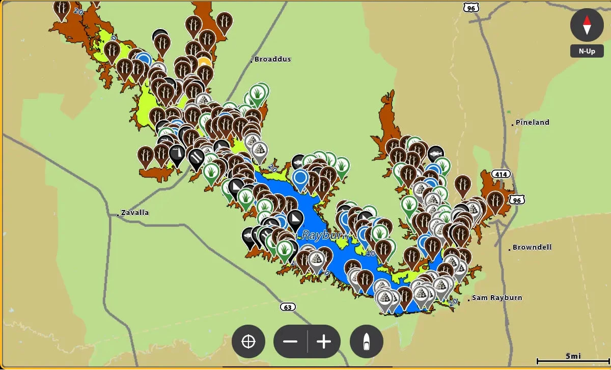 Map with various markers and a river, displayed on a digital interface.