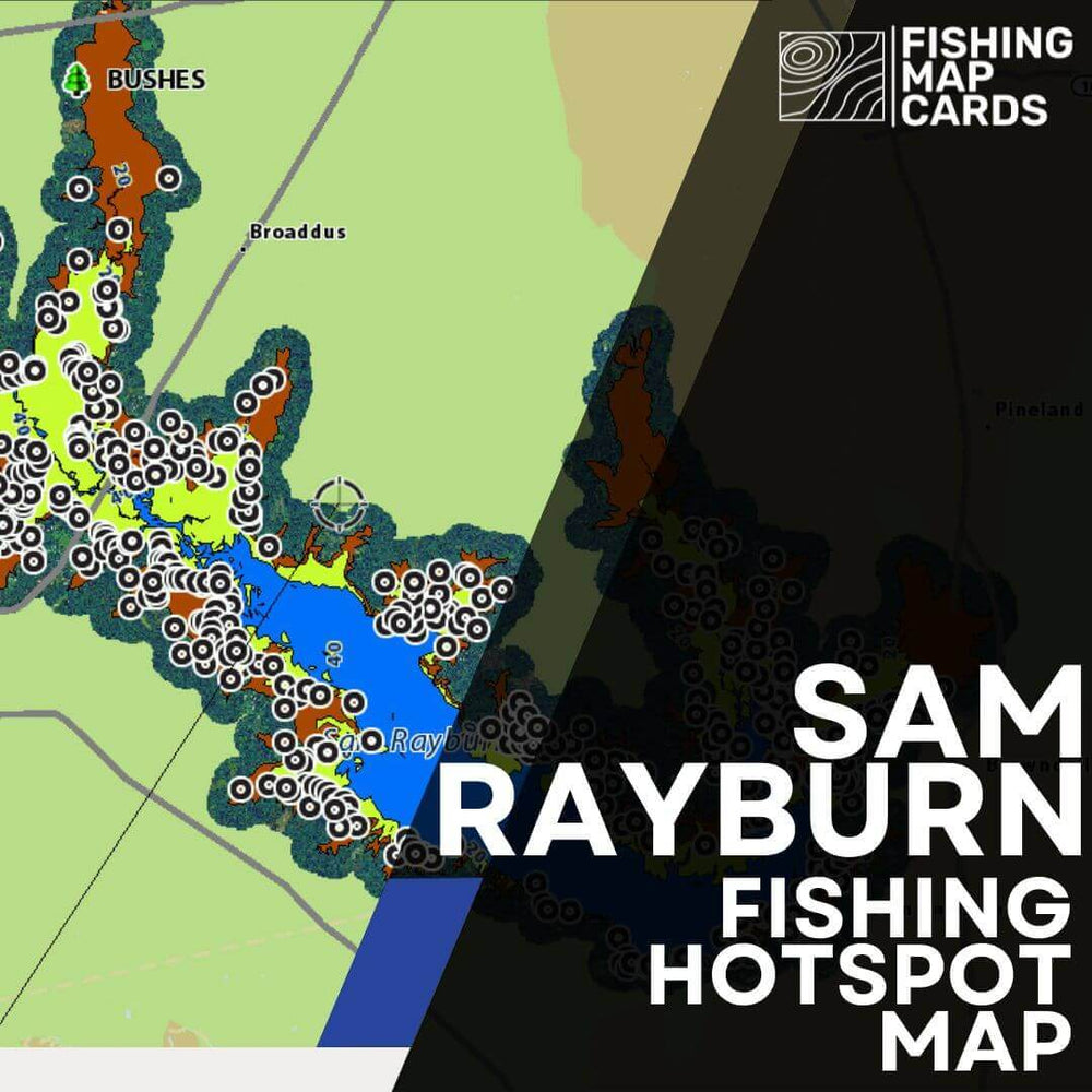 Sam Rayburn fishing hotspot map highlighting key fishing areas and landmarks for anglers.