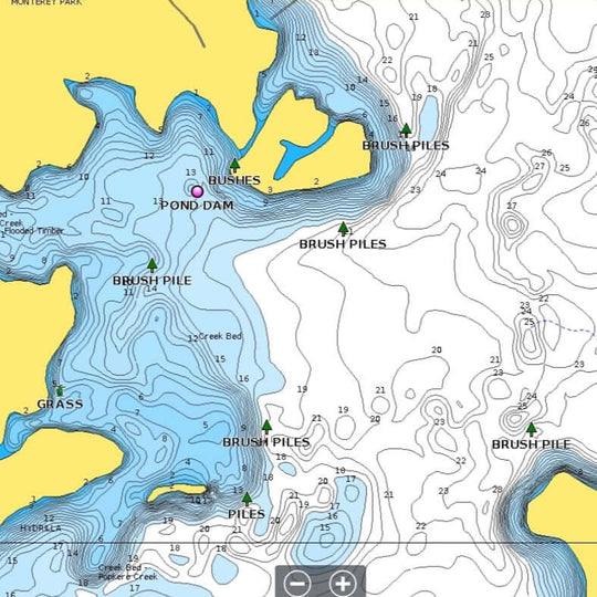 Screenshot of a Lowrance fish finder's chart view containing waypoints on Sam Rayburn like: brush piles, pond dam, and grass.